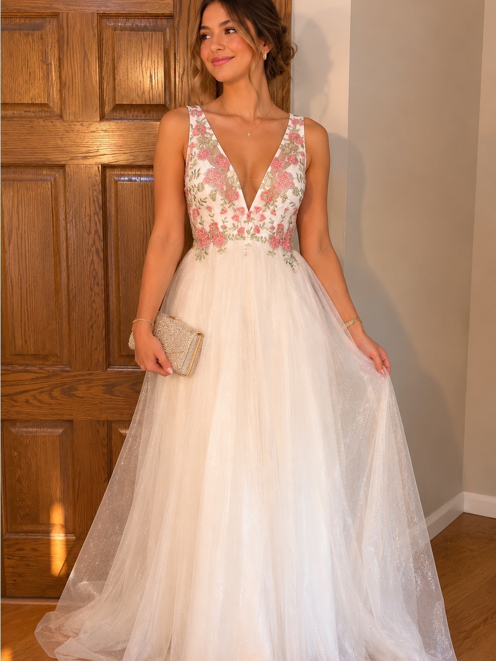 My MICHELLE Floral Embroidered V-Neck White Tulle Evening Dress